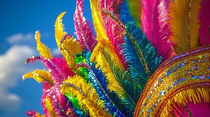 Vibrant and colorful carnival feathers in bright pink, yellow, and blue showcase festive spirit and creativity.