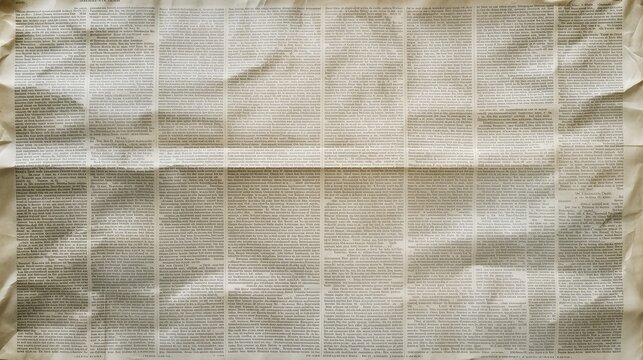 Wrinkled newspaper page texture faint text aged paper background. AI generated