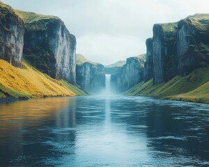 Serene River Flowing Through Towering Cliffs in Scenic Valley Landscape