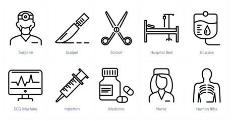 Obraz premium A set of 10 medical icons as surgeon, scalpel, scissor