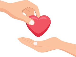 Hand giving heart to another hand. Vector illustration.