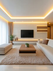 Modern living room interior design with beige sofa, rug, and wooden coffee table