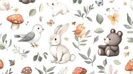 Naklejka premium Charming watercolor pattern with adorable forest animals and foliage