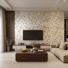 Modern living room with beige sofa and patterned wall