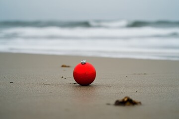 Red ornament resting on sandy beach during winter afternoon