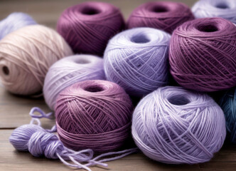 Lilac threads for knitting in a skein. A colorful bunch of yarn balls. lilac wool skein of yarn pattern. love knitting. hand made concept. woman's hobby. 