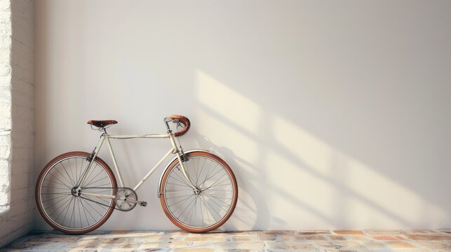 Vintage bicycle with brown leather seat and handlebar leaning against a sunlit white wall with shadow patterns, minimalist interior design.