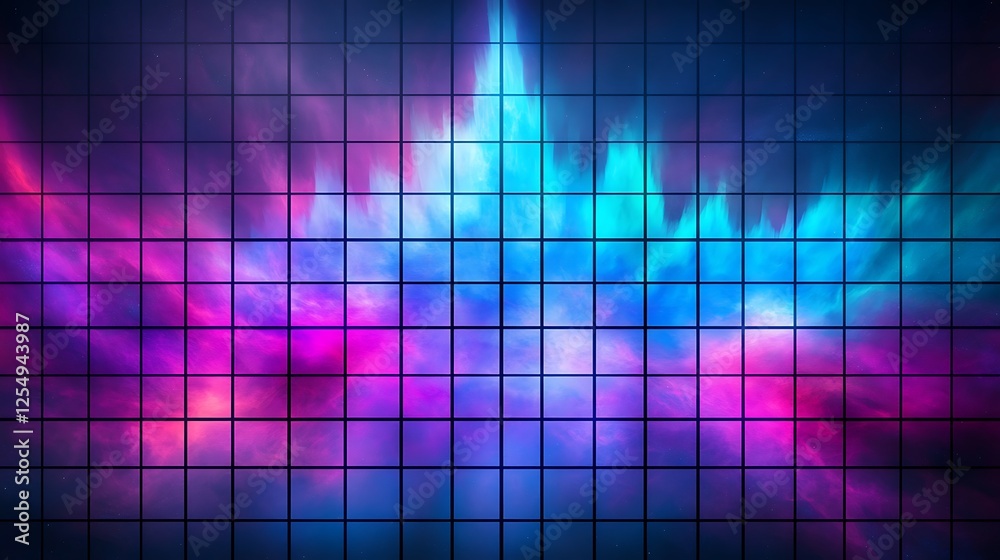 Poster dynamic spectrum grid illusion with intertwined light patterns creating a captivating ambiance