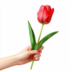 Hand Holding Beautiful Red Tulip Flower with Green Leaves on White Background in Elegant Presentation