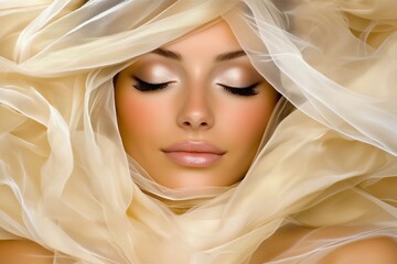 A close-up portrait of a beautiful woman with closed eyes, wrapped in soft, flowing fabric.
