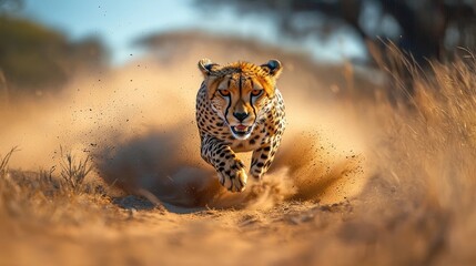 Powerful Cheetah Sprinting Across Dusty Savanna in Breathtaking Wildlife Portrait