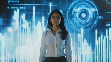 Indian businesswoman brings data-driven insights to corporate teams The background is a large LCD with a circle and bar stock chart on a blue background.