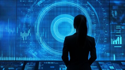 Indian businesswoman brings data-driven insights to corporate teams The background is a large LCD with a circle and bar stock chart on a blue background.