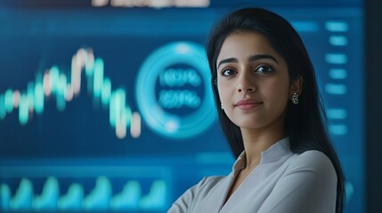 Indian businesswoman brings data-driven insights to corporate teams The background is a large LCD with a circle and bar stock chart on a blue background.