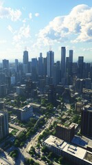 Fototapeta premium Urban skyline showcasing tall buildings and busy streets under a cloudy sky above a bustling city