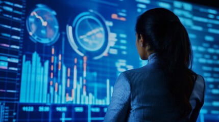 Indian businesswoman brings data-driven insights to corporate teams The background is a large LCD with a circle and bar stock chart on a blue background.