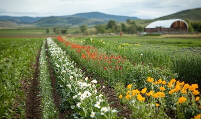 Obraz premium Colorful cover crops flourish on scenic farmland in nature landscape