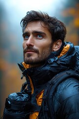 Obraz premium Young man enjoying nature during a foggy hike in a forest with autumn foliage in the background