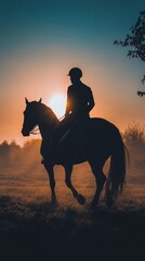 Fototapeta premium Silhouette of a horse rider against a sunset backdrop in an urban setting