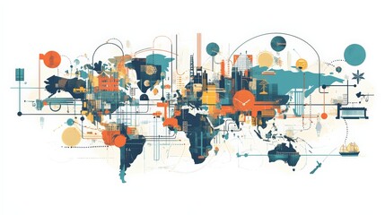 Complex global value chains linking manufacturers, suppliers and distributors across borders. Conceptual illustration of international trade.