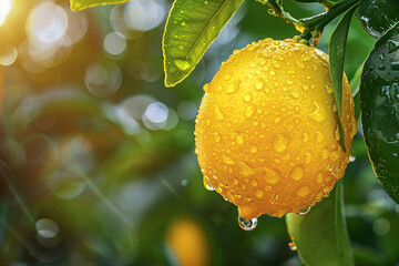 Close up fresh yellow lemon citrus fruit hanged on tree with water drops surrounded by lush green leaves, freshness, juiciness, and the exoticism of tropical fruits concept.