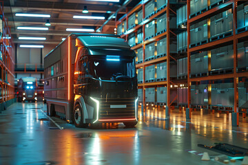 A futuristic truck with neon lights is parked in a warehouse, energy efficient and environmentally friendly, innovation, technology, and automation in logistics and freight transportation concept.