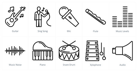 A set of 10 music icons as guitar, sing song, mic