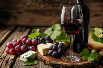 Bottle of red wine, cheese plate with grapes. Wine, cheese, grapes, tasting, drinks, food.
