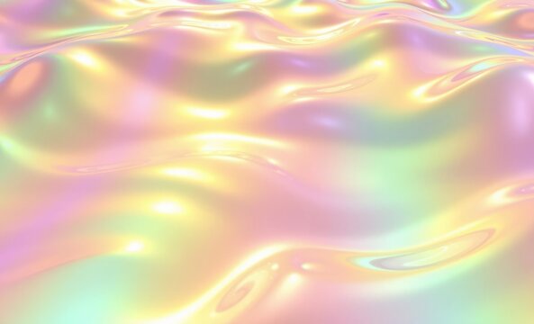 Fototapeta 3d iridescent glossy pastel rainbow water holographic ocean wave dynamic motion splash flow surface with sun glare glittering shimmering background for graphic design and wallpaper with copy space 3d 