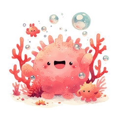 Adorable pink sea creature with friends amidst coral and bubbles. A whimsical underwater scene full of charm!