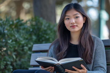 Obraz premium Young woman reading a book on a park bench in daylight.