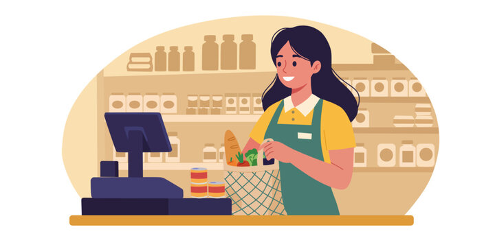 Grocery store cashier packing food into a reusable bag