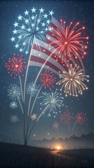 Stunning 3D Minimalist Fireworks Display Lighting Up the Night Sky with Red, White, and Blue Stars and Stripes, Symbolizing Patriotism