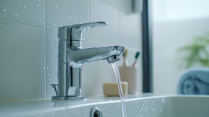 Modern bathroom faucet with running water, capturing minimalistic cleanliness and fresh simplicity in home settings.