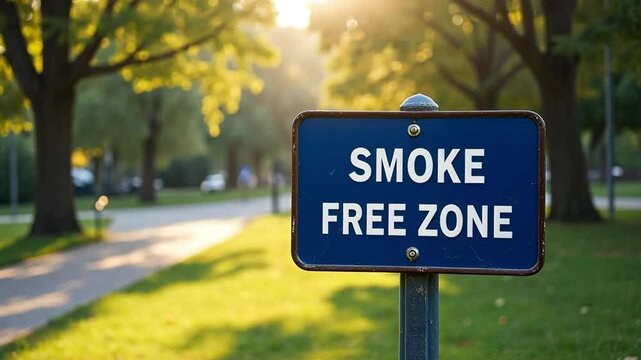 Blue sign in the park "smoke free zone". A place where you cannot smoke
