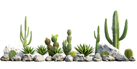 Isolate cactus plants row on rocks foreground, vector illustration, desert nature, succulent garden, spiky flora, arid environment, wild west, minimal design, exotic greenery, prickly pear © aura studio