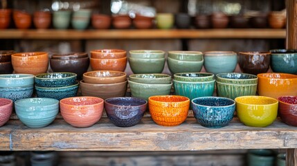 A colorful collection of handmade pottery bowls sits on a weathered wooden shelf. Each bowl showcases unique patterns and vivid glazes, creating an inviting display in a charming artisan shop