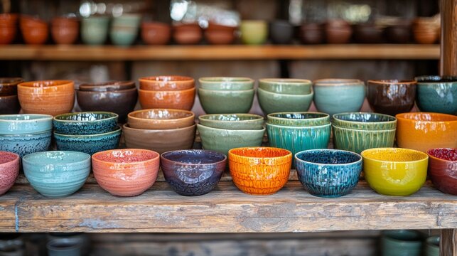 A colorful collection of handmade pottery bowls sits on a weathered wooden shelf. Each bowl showcases unique patterns and vivid glazes, creating an inviting display in a charming artisan shop