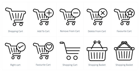 A set of 10 shopping icons as shopping cart, add to cart, remove from cart
