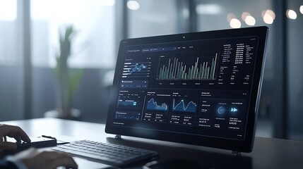 Modern office setup with data analytics on computer screen in focus, showcasing digital business insights.