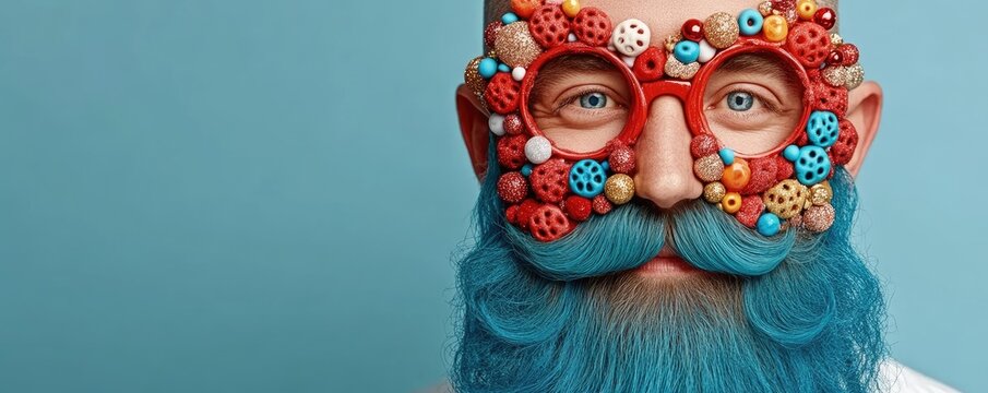 Artistic portrait, man with colorful beard and glasses, blue background, creative concept