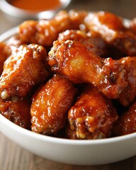 Delicious Chicken Wings Glazed with Spicy Sauce in a White Bowl on a Wooden Table Top