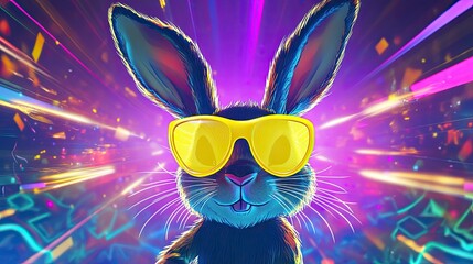 Vibrant bunny wearing sunglasses radiates energy in colorful, fe