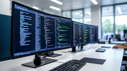 Modern office setup with dual monitors displaying code, capturing technological work environment.