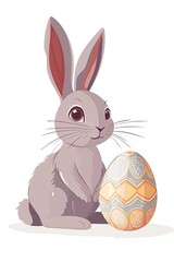 Cheerful rabbit sits beside beautifully decorated Easter egg, sy