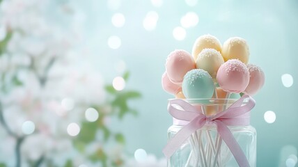 Delicate pastel cake pops in a jar tied with a pink ribbon against a dreamy background