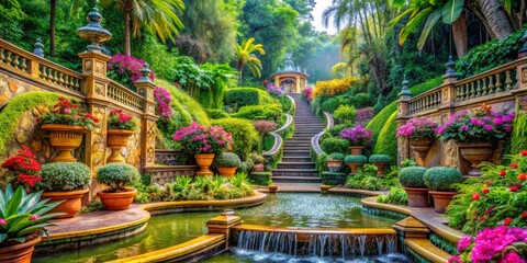 Obraz premium Serene Botanical Garden with Colorful Flowers and Tranquil Waterfall