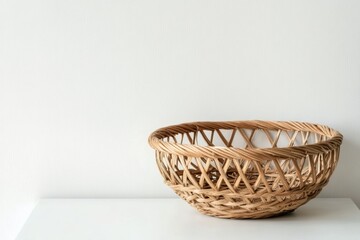 Fototapeta premium Rustic woven basket beside dried flowers in a simple vase on a white background