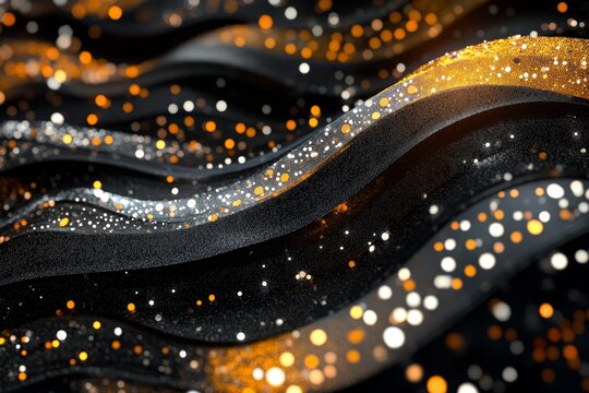 Abstract background with glowing golden and silver dots in a wavy pattern on black canvas