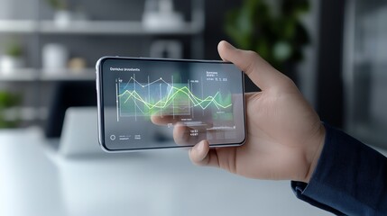 Person analyzing business data on a futuristic transparent smartphone with graphs in an office setting.